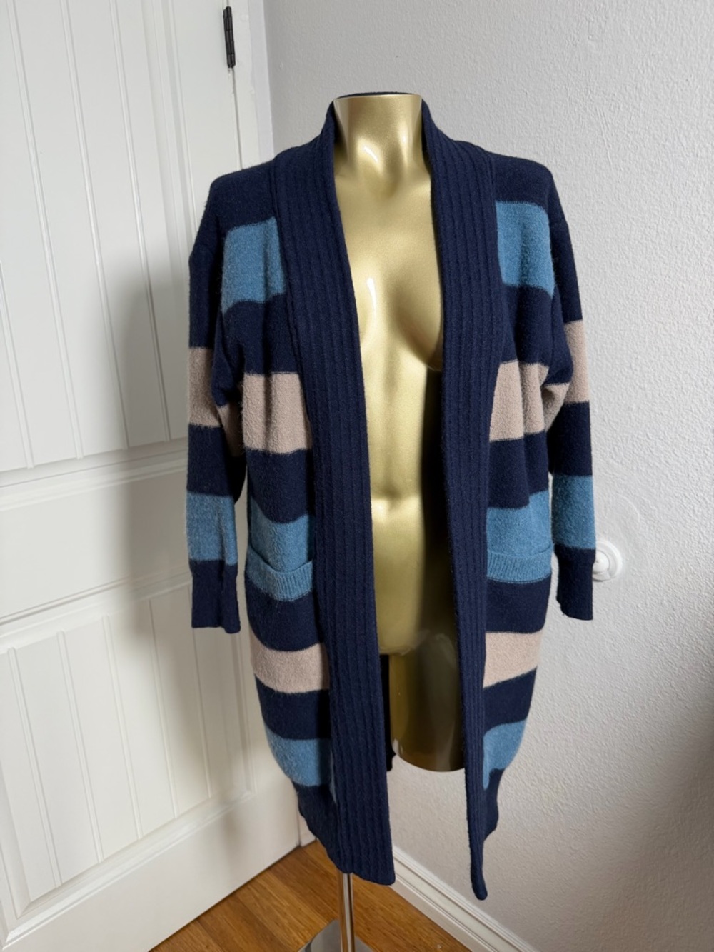 Striped Open-Front Cardigan Sweater in Navy, Light Blue & Cream